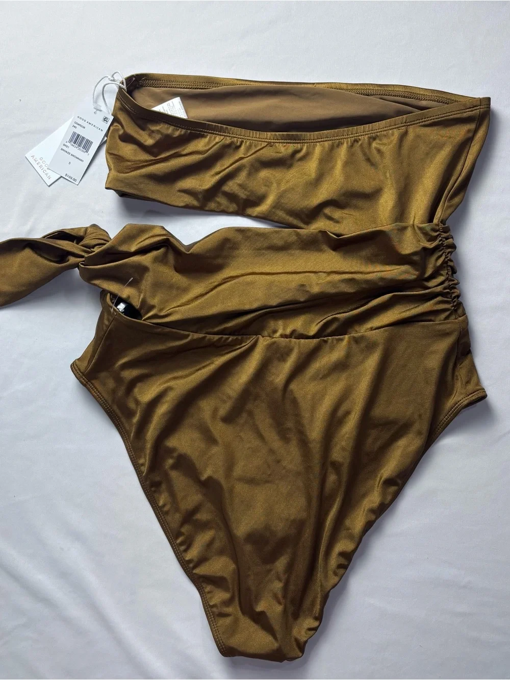 Good American Strapless One-Shoulder Cutout High-Waist Swimsuit — Bronze Brown